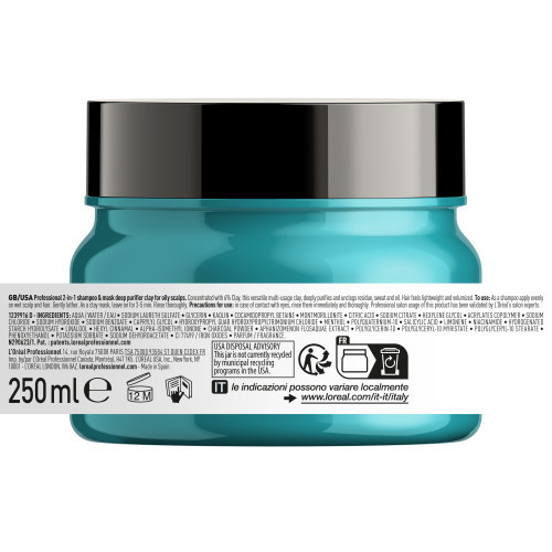 L'Oréal Professionnel Scalp Advanced Anti-Oiliness 2-In-1 Deep Purifier Clay Šampoon - sügavpuhastav savimask rasusele peanahale 250ml