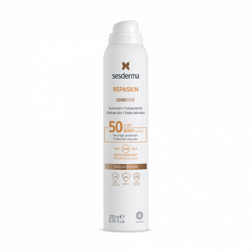 Sesderma Repaskin Sensitive Aerosol Sunscreen Pihustatav päikesekaitse kehale SPF50-ga 200ml