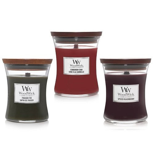 WoodWick Frasier Fir + Cinnamon Chai + Spiced Blackberry Küünalde komplekt