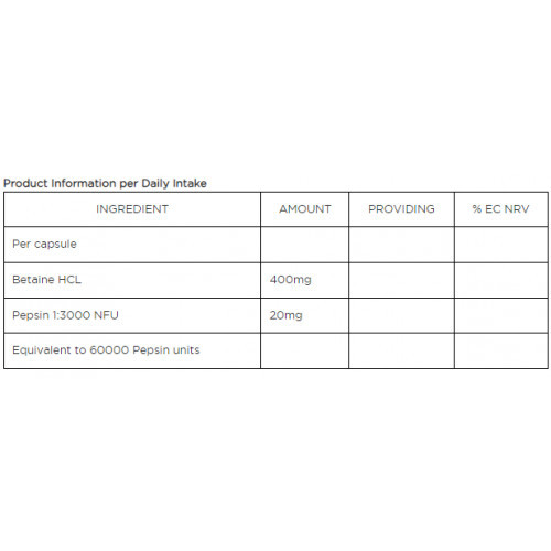 Biocare Betaine HCL & Pepsin Toidulisand seedimiseks 90 kapslit