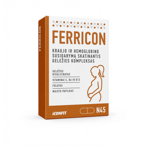 Iconfit Ferricon Complex Capsules Vere ja hemoglobiini moodustamiseks vajalik rauakompleks 45 kapsulės