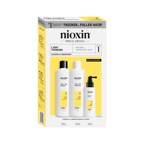 Nioxin Pro Clinical System 1 Kit Juuksehoolduskomplekt mõõduka hõrenemisega naturaalsetele juustele 300ml+300ml+100ml