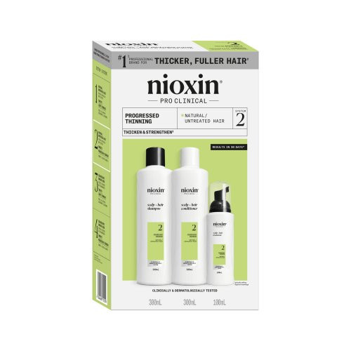 Nioxin Pro Clinical System 2 Kit Juuksehoolduskomplekt tugevalt hõrenevatele, naturaalsetele juustele 300ml+300ml+100ml