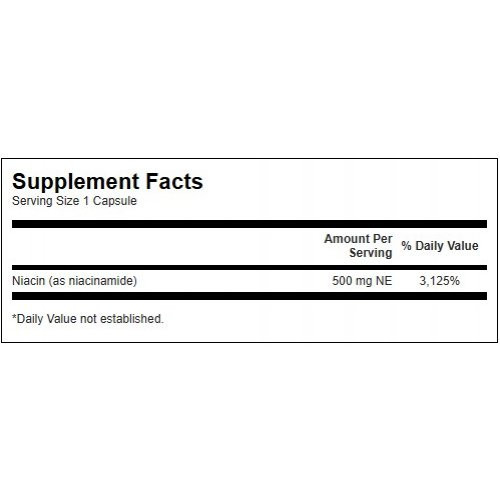SWANSON Niacinamide 500mg Energy and Cardiovascular Support B3-vitamiin, niatsiin 250 kapslit