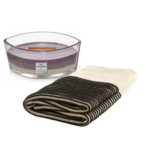 KlipShop Striped Style Blanket and Woodwick Candle Set in a Gift Box Amethyst Sky