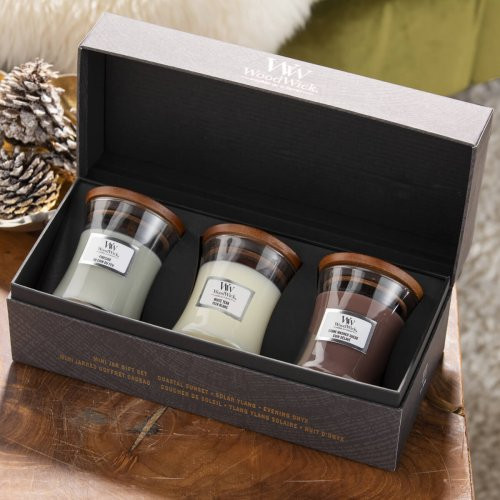WoodWick Mini Core Fireside, White Teak, Sand & Driftwood Gift Set Kinkekomplekt 3 tk.