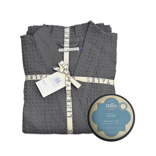 KlipShop Linen Tales Dark Grey Linasest hommikumantel + MKS eco kehavõi Kinkekomplekt S-M